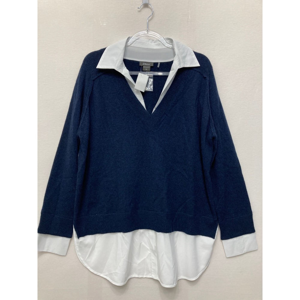 New Pure Amici 100% Cashmere Layered V Neck Sweater XL Navy Preppy Collared